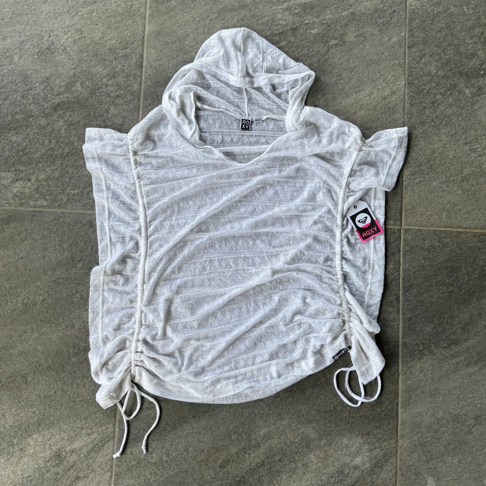 Roxy White Crochet Knit Hooded Swim Cover Up Women's Sz L Cream White
